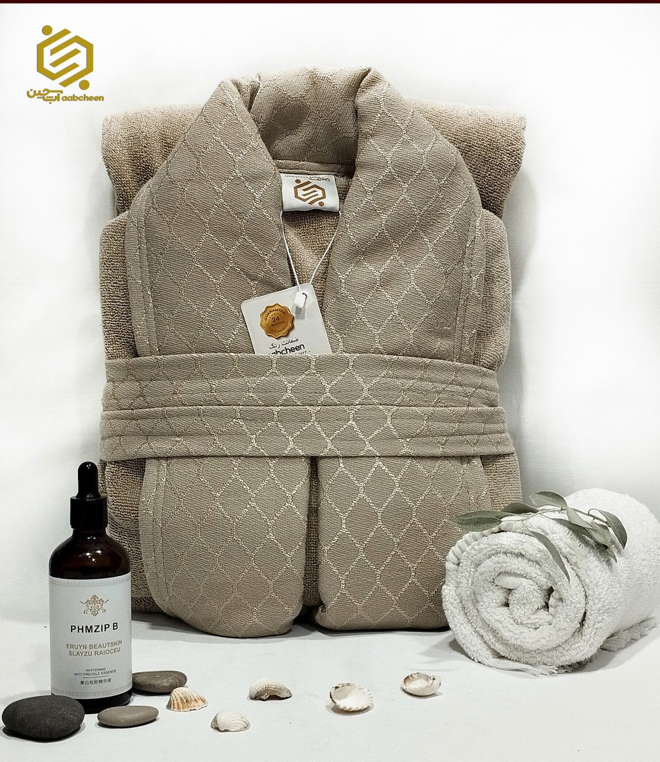 حوله پالتویی آبچین، مدل الماس، طرح لاله، رنگ کرم استخوانی